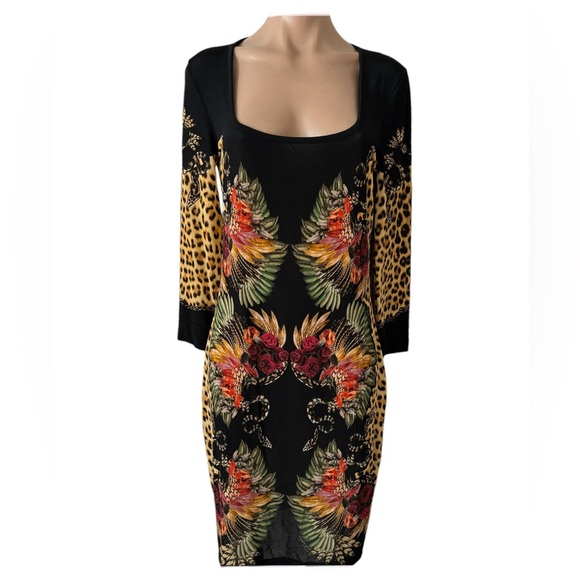 JUST CAVALLI LEOPARD SERPENT SNAKE ROSES PRINT SHEATH DRESS SZ XL - Picture 4 of 9